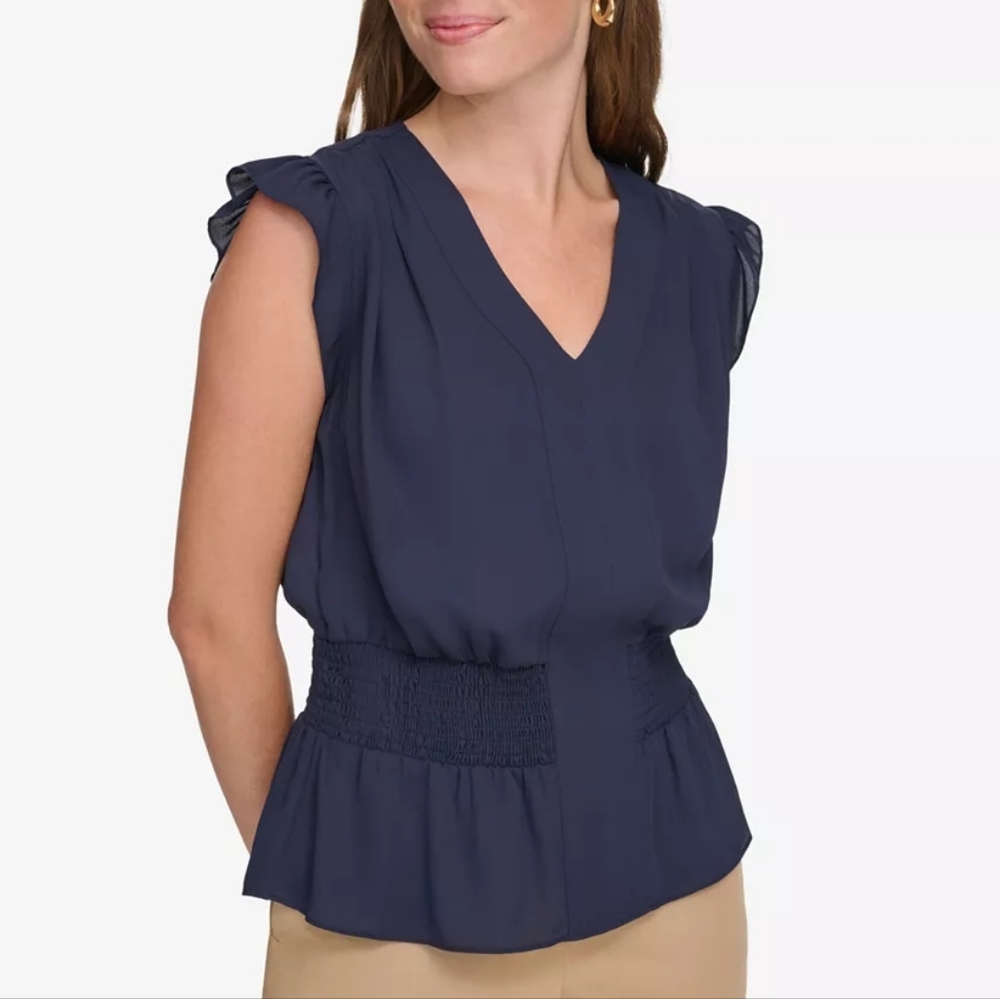 Tommy Hilfiger Navy Smocked V-Neck Blouse